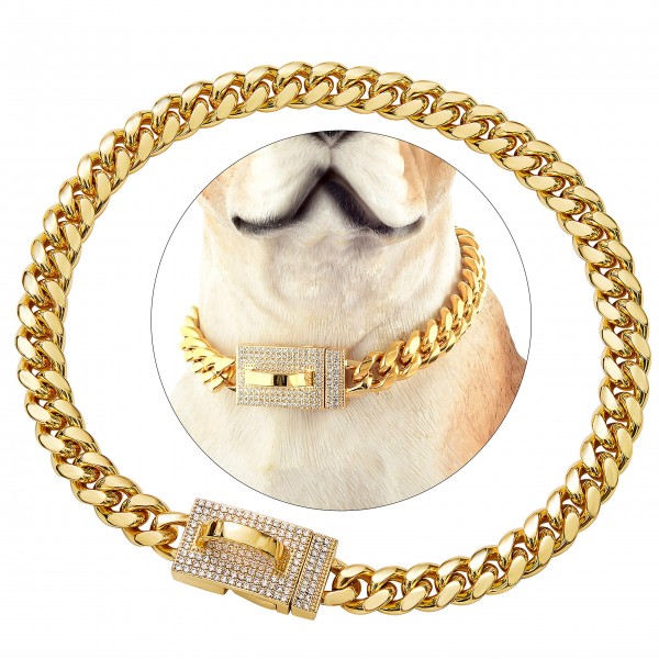 Diamonds 18K Gold Dog Chain Collar with Design Secure Buckle Bling