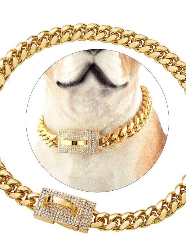 Diamonds 18K Gold Dog Chain Collar with Design Secure Buckle Bling
