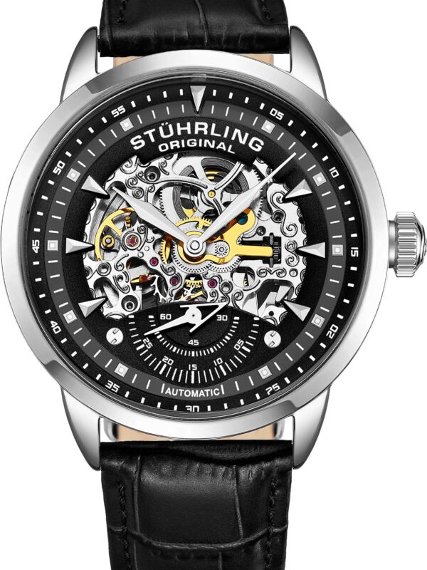 Black Leather Watch Strap Stuhrling Original Mens Automatic Watch Skeleton