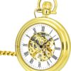 Close-up of a vintage-inspired pocket watch with a skeletonized dial, Roman numeral markers, and a polished finish, displayed alongside its 12-inch link chain and belt hook. 