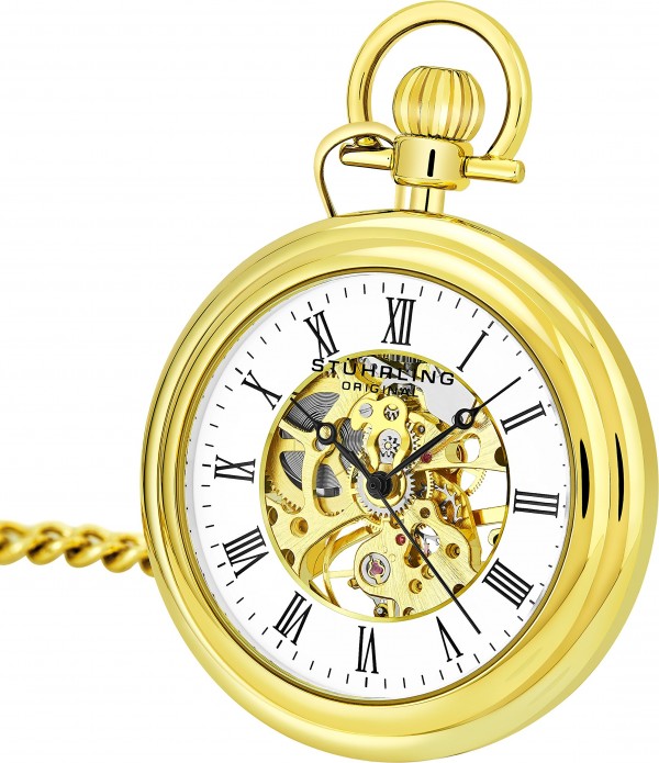 Close-up of a vintage-inspired pocket watch with a skeletonized dial, Roman numeral markers, and a polished finish, displayed alongside its 12-inch link chain and belt hook. 