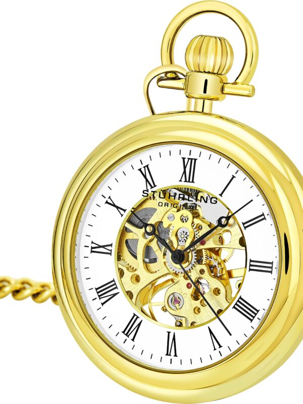 Close-up of a vintage-inspired pocket watch with a skeletonized dial, Roman numeral markers, and a polished finish, displayed alongside its 12-inch link chain and belt hook. 