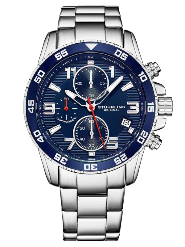 Chronograph Blue Wrist Watch with Date and Stainless Steel Link Bracelet