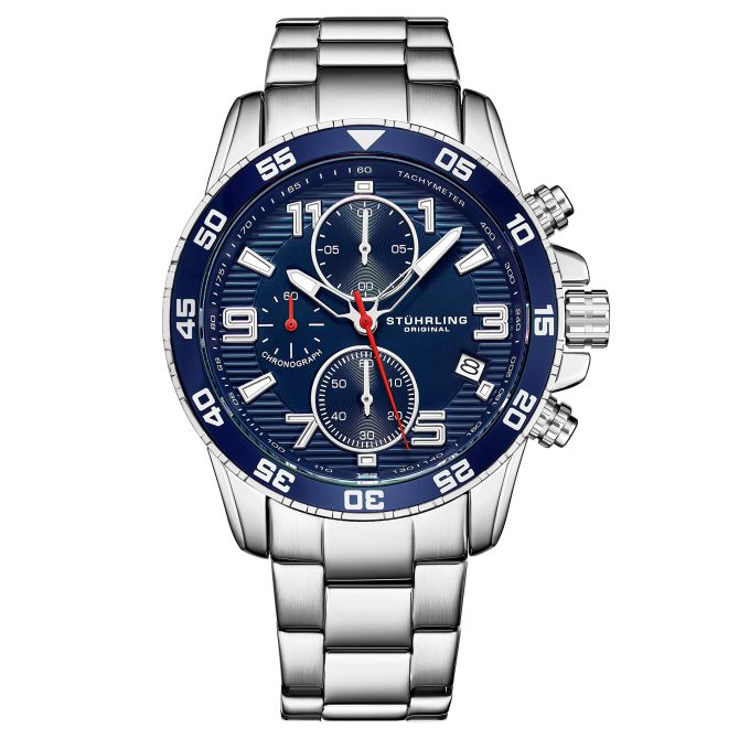 Chronograph Blue Wrist Watch with Date and Stainless Steel Link Bracelet