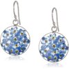 Sterling Silver Blue Pressed Flower Circle Drop Earrings
