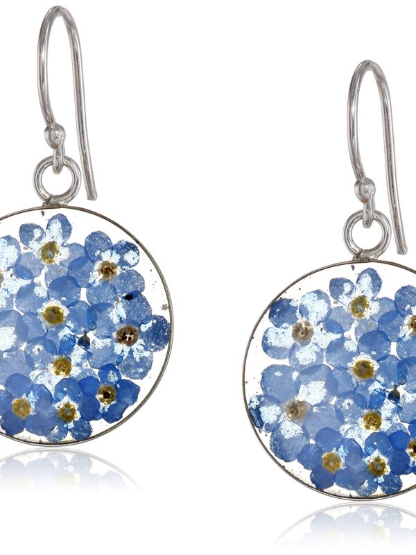 Sterling Silver Blue Pressed Flower Circle Drop Earrings