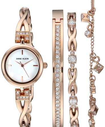 Complete Your Look with Anne Klein Women's Swarovski Crystal-Accented Rose Gold-Tone Watch and Bracelet Set.