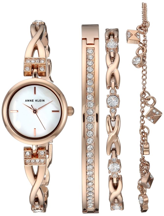 Complete Your Look with Anne Klein Women's Swarovski Crystal-Accented Rose Gold-Tone Watch and Bracelet Set.