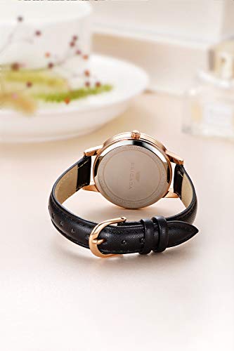 Women's Rose Gold and Black Leather Band Swiss Made