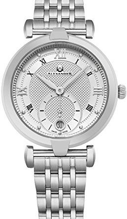 Alexander Monarch Olympias Date Silver Large Face Watch for Women