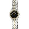 Close-up of a Citizen Ladies’ Eco-Drive Stainless Steel Watch featuring a two-tone bracelet, black dial with Roman numeral markers, and an elegant slim design. 