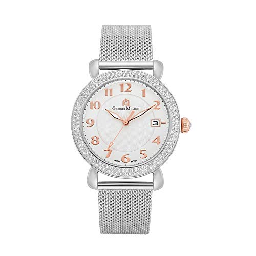 Giorgio Milano Wristwatch for Women - Sparkling Watches with Stone Bezel - Analog Hardex Silver Face with Date, Numbers, and Index - 40 mm Case.