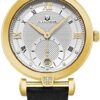 Elegant and Majestic: Alexander Monarch Olympias Date Diamond Silver Giant Face Yellow Gold Plated Women's Watch with Swiss Quartz and Black Satin Leather Band.  