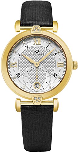 Elegant and Majestic: Alexander Monarch Olympias Date Diamond Silver Giant Face Yellow Gold Plated Women's Watch with Swiss Quartz and Black Satin Leather Band.  