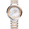 Close-up of the Baume & Mercier Promesse Women's Watch, featuring diamonds, Mother-of-Pearl dial, and 18k rose gold bezel, set in a polished stainless-steel case. 