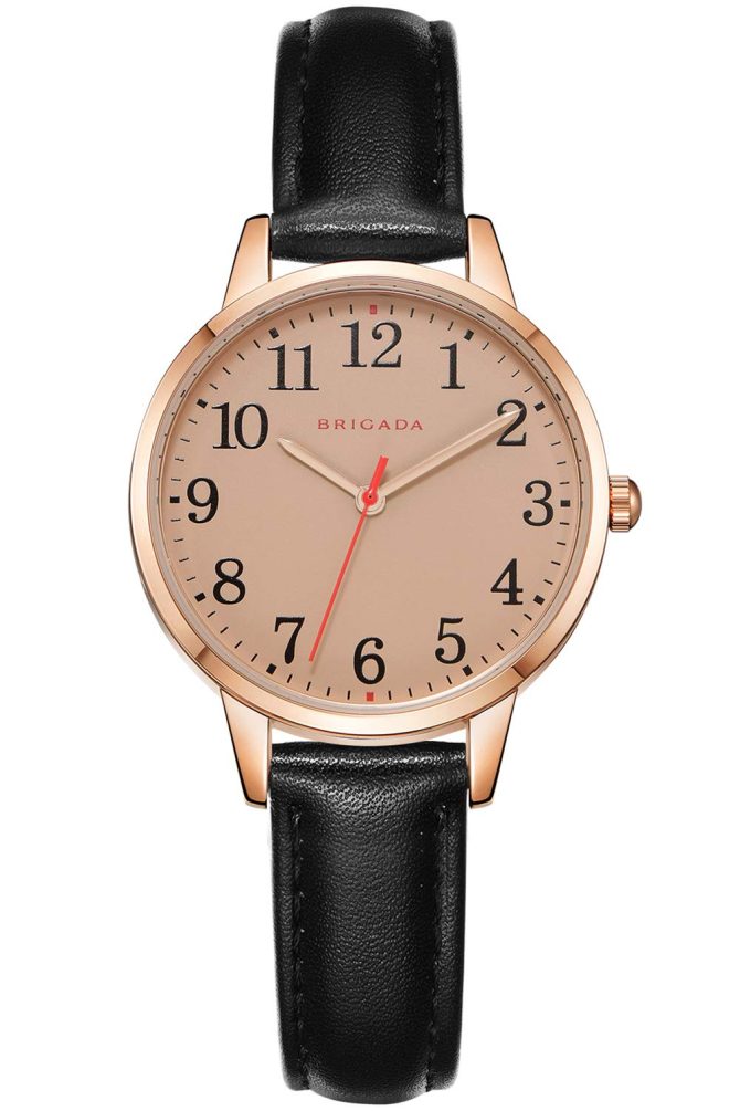 Elegant and Good Trend: Women's Rose Gold and Black Leather Band Swiss Made Waterproof Watch for Women.